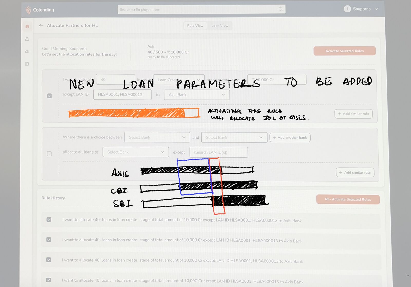 Annotated near-final rule builder screen with partner coverage bars