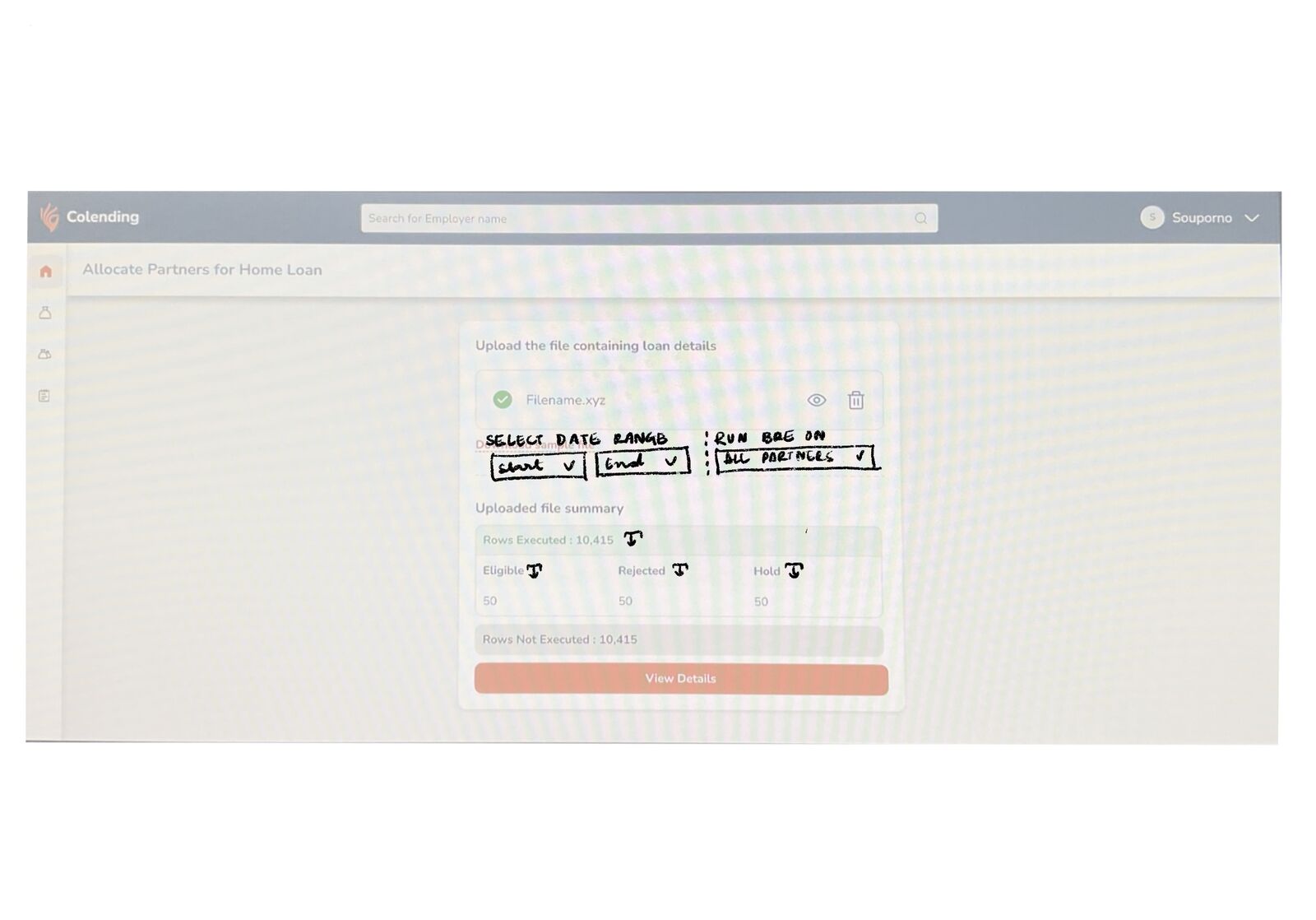 Sketch over UI: upload file, run BRE, execution summary